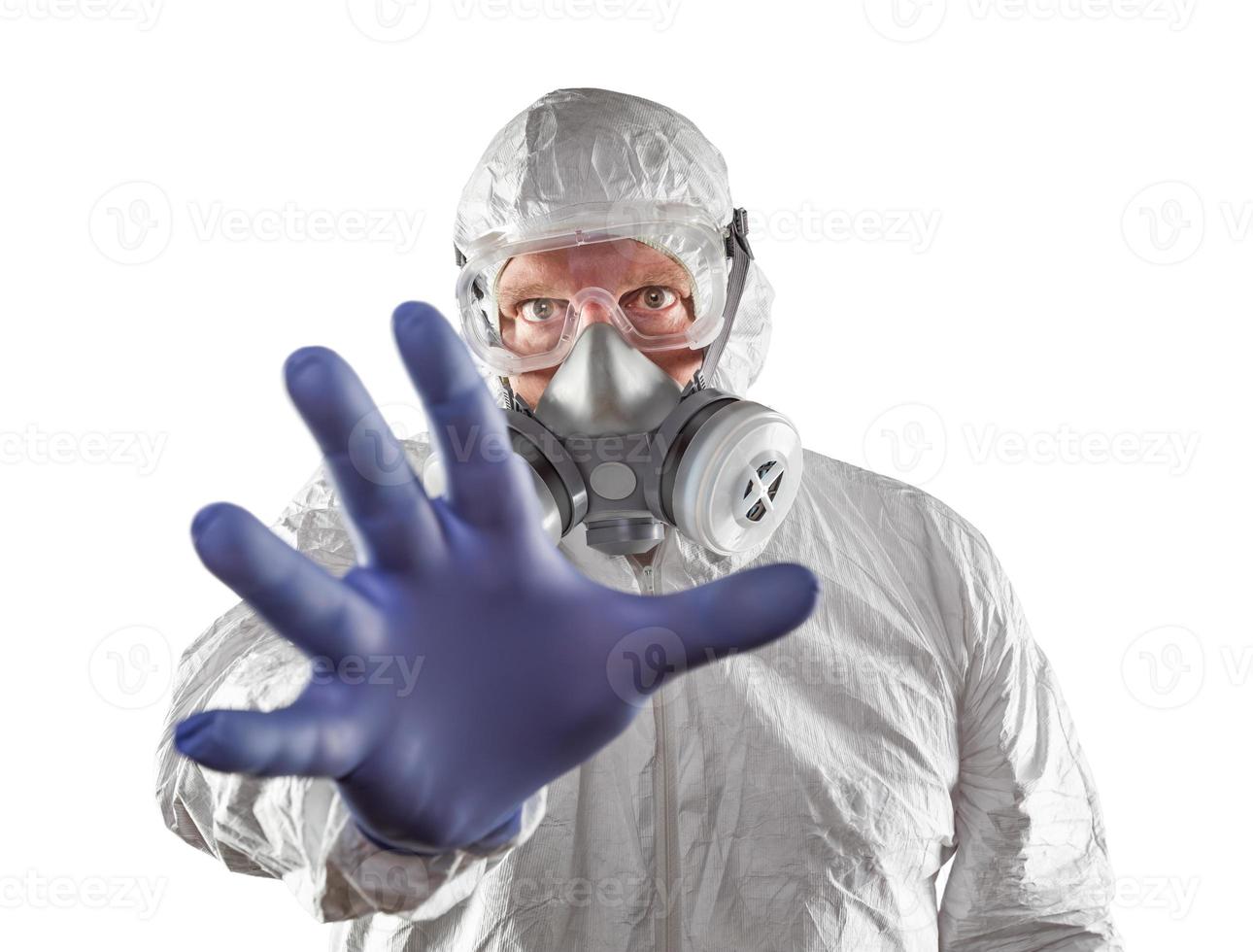 Man Wearing Hazmat Suit Reaching Out With Hand Isolated On White photo