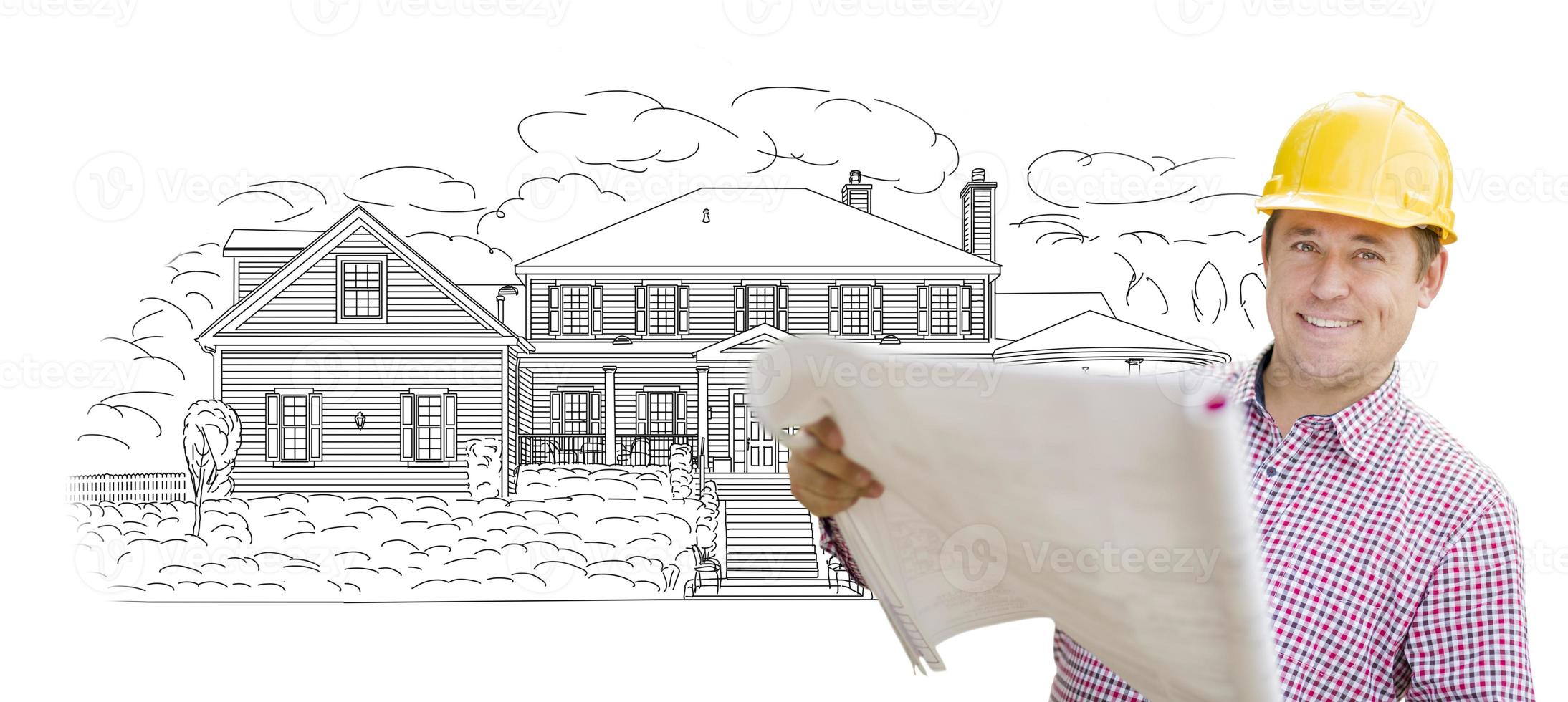 Contractor Holding Blueprints Over Custom Drawing photo