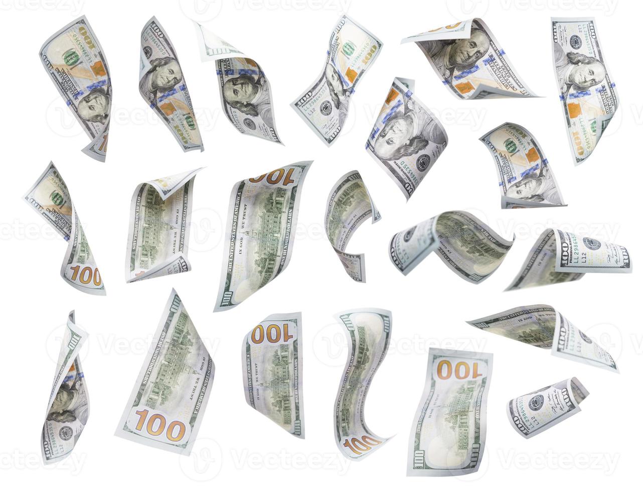 Set of Falling or Floating 100 Bills Each Isolated photo