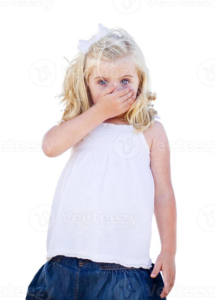 Blue Eyed Girl Covering Her Mouth Isolated photo