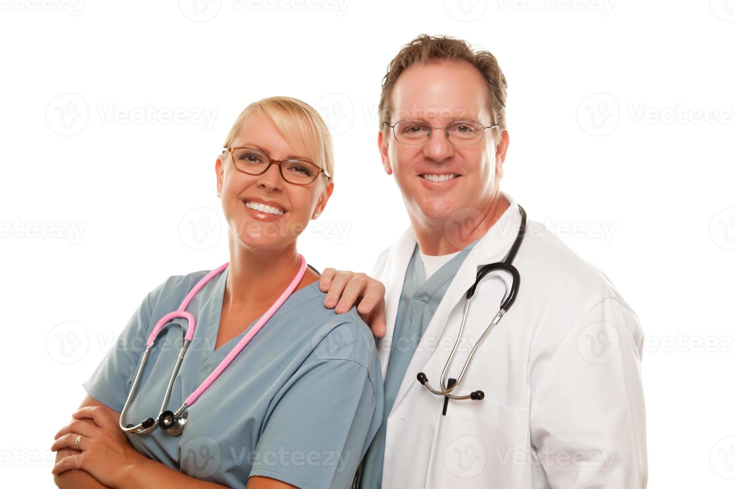Friendly Male and Female Doctors on White photo