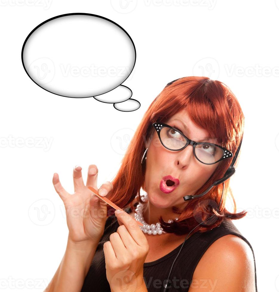 Red Haired Retro Receptionist with Blank Thought Bubble photo