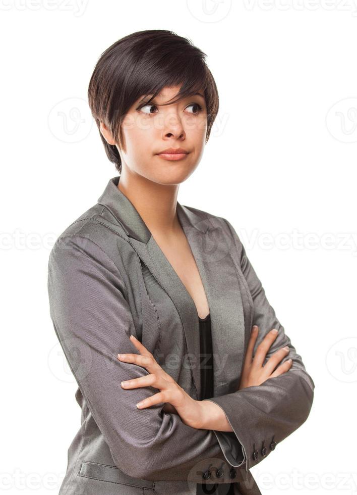 Pretty Biracial Girl Looking To The Side Isolated Against White Background. photo