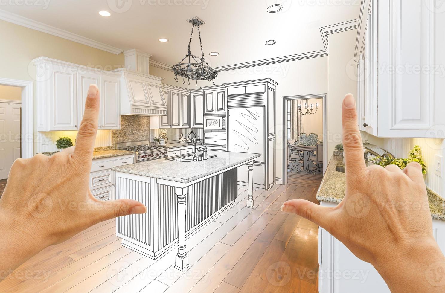 Hands Framing Gradated Custom Kitchen Design Drawing and Photo Combination