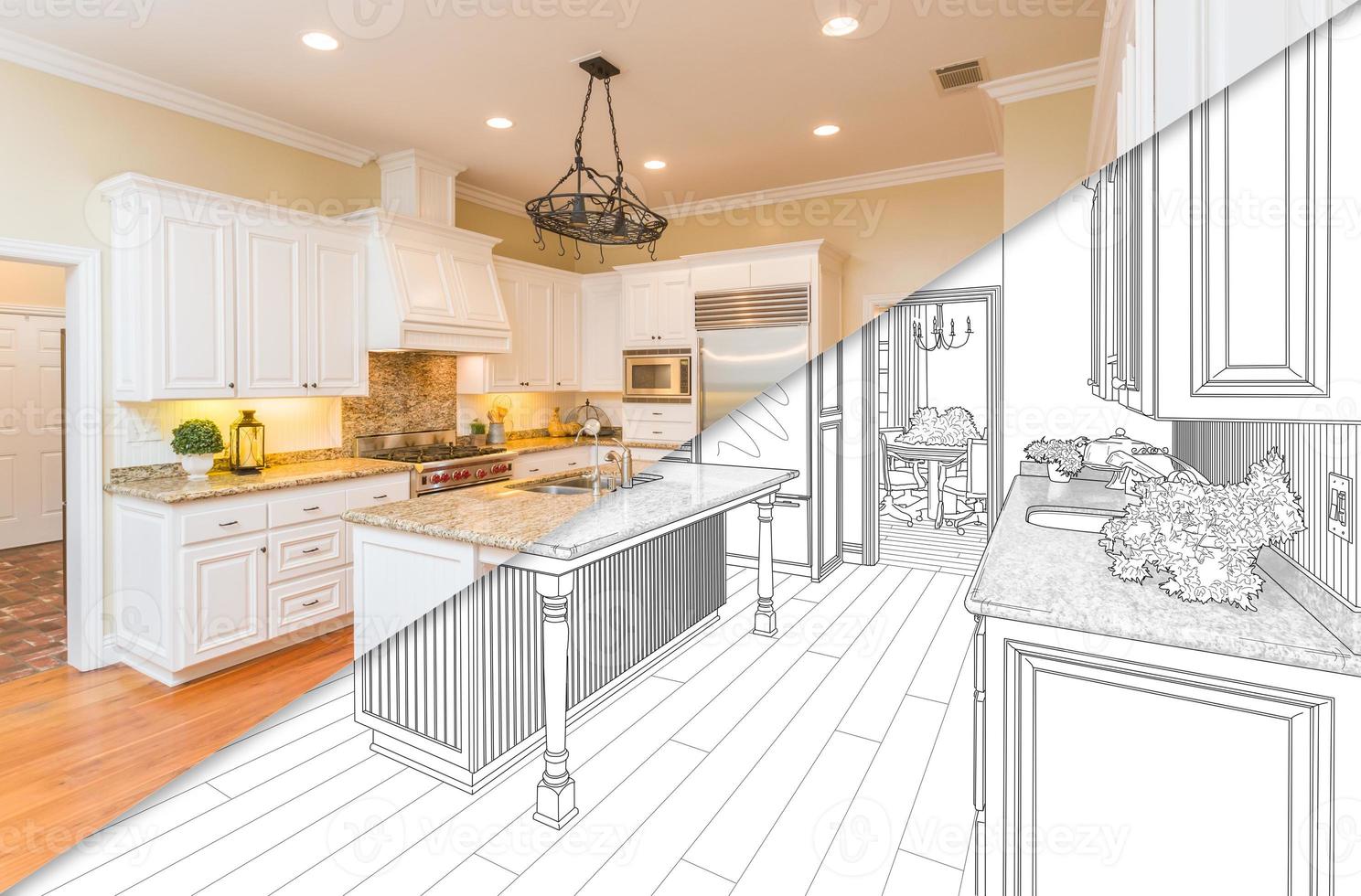 Diagonal Split Screen Of Drawing and Photo of New Kitchen