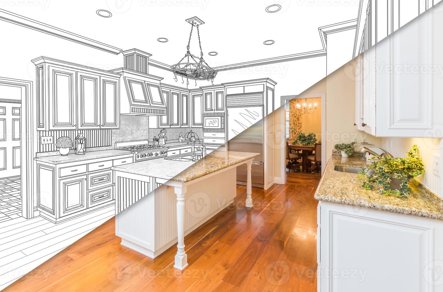 Diagonal Split Screen Of Drawing and Photo of New Kitchen