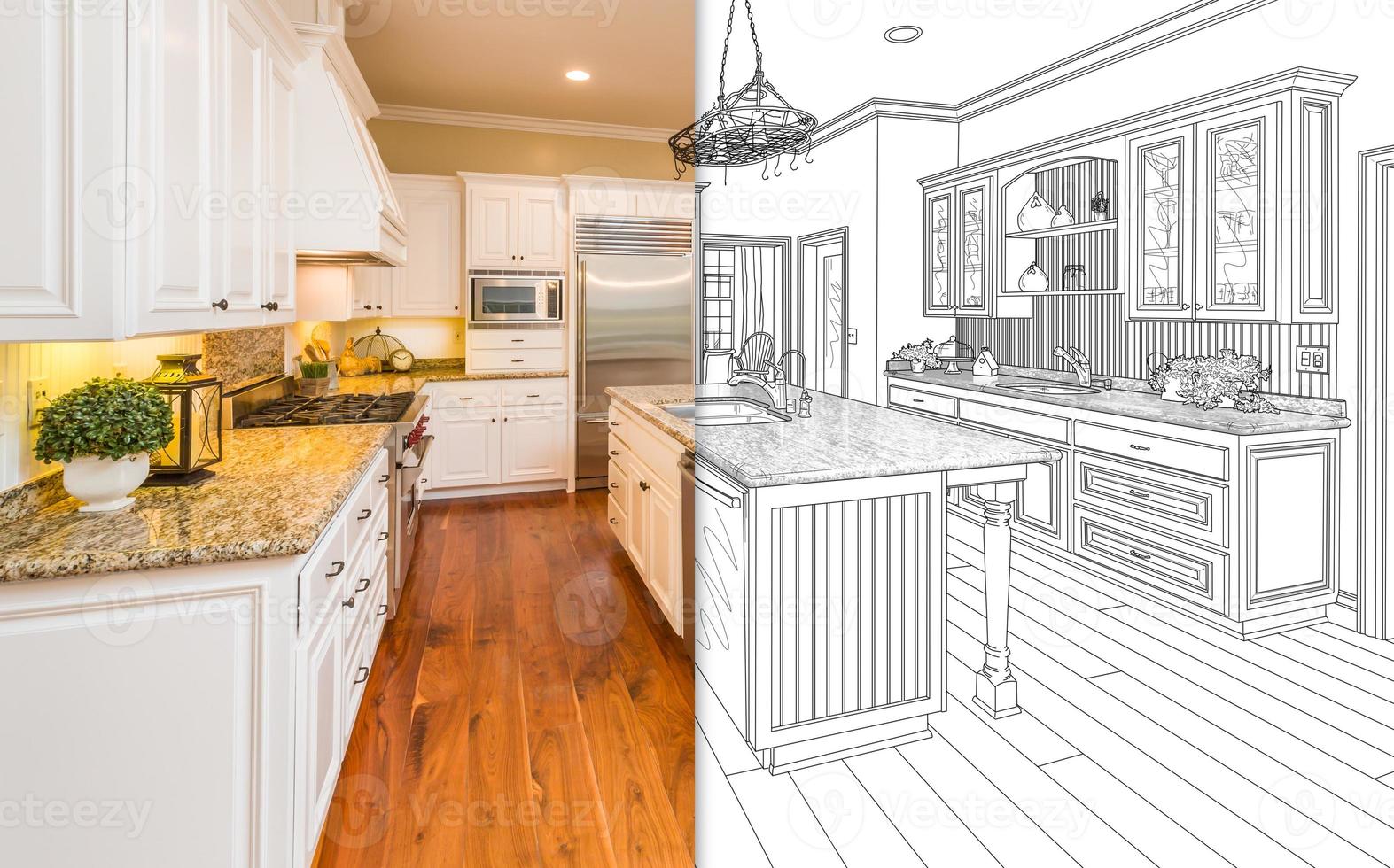 Split Screen Of Drawing and Photo of New Kitchen