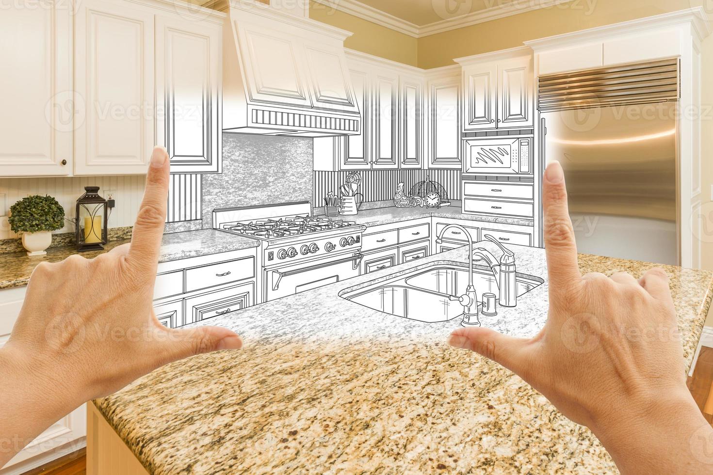 Hands Framing Custom Kitchen Design Drawing and Square Photo Combination