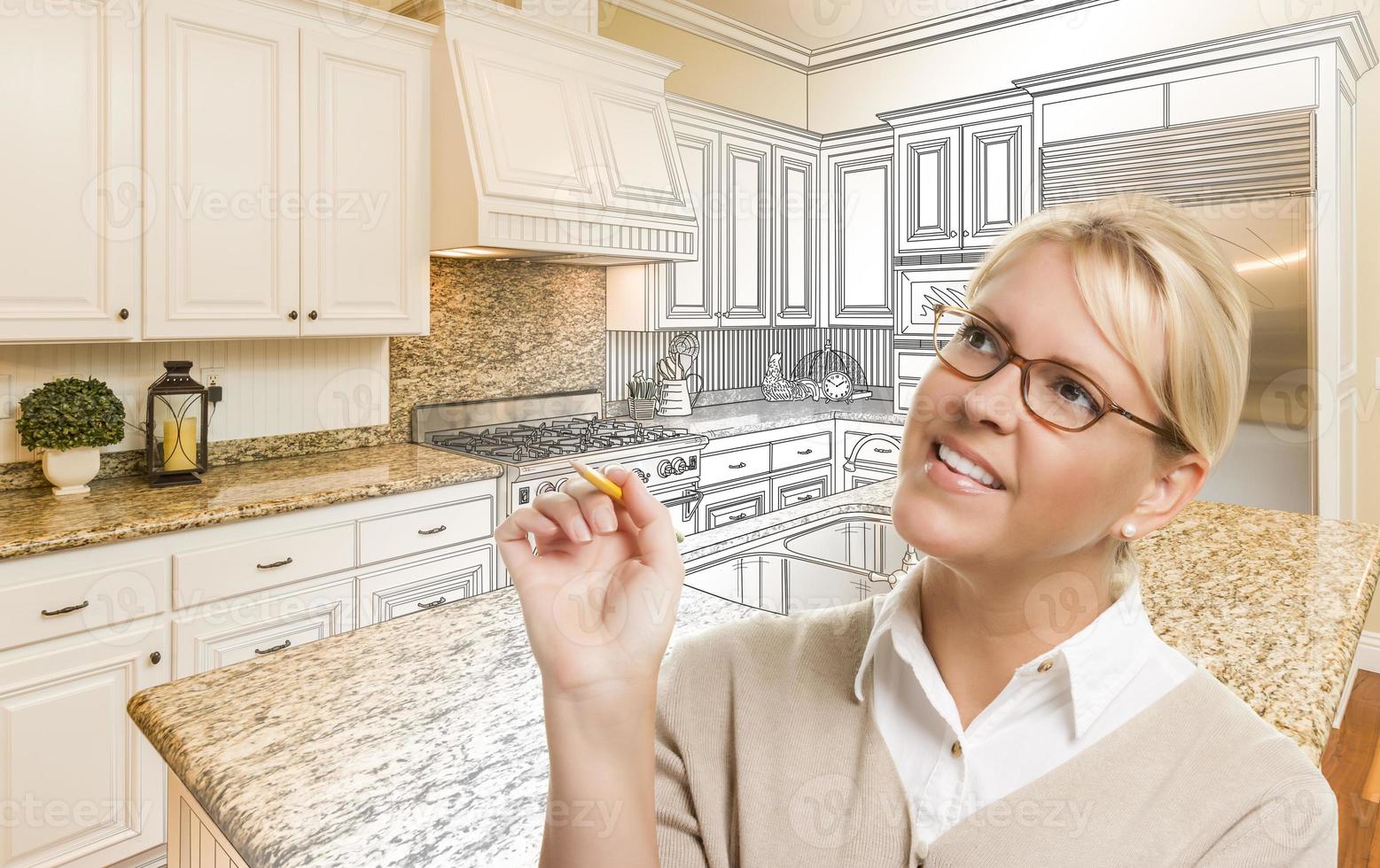 Woman With Pencil Over Custom Kitchen Drawing and Photo Combination