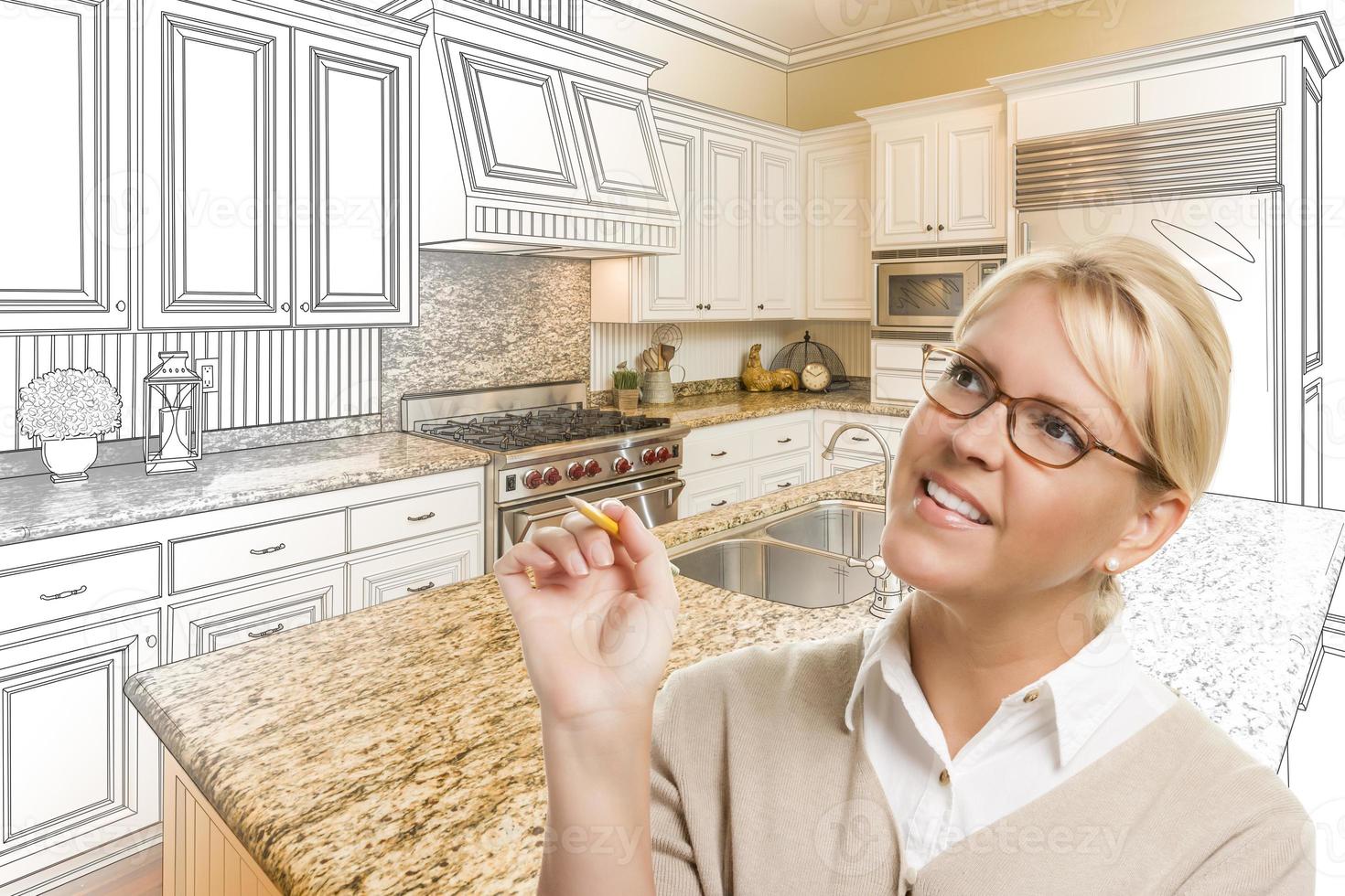 Woman With Pencil Over Custom Kitchen Drawing and Photo Combination