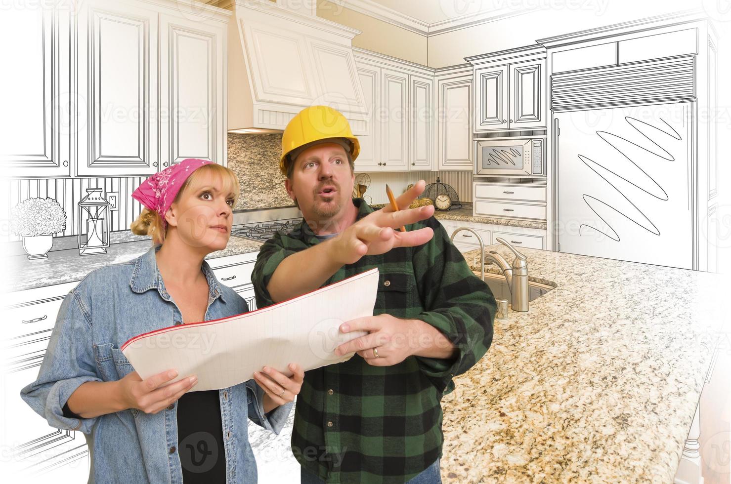 Contractor Talking with Customer Over Kitchen Drawing and Photo Combination