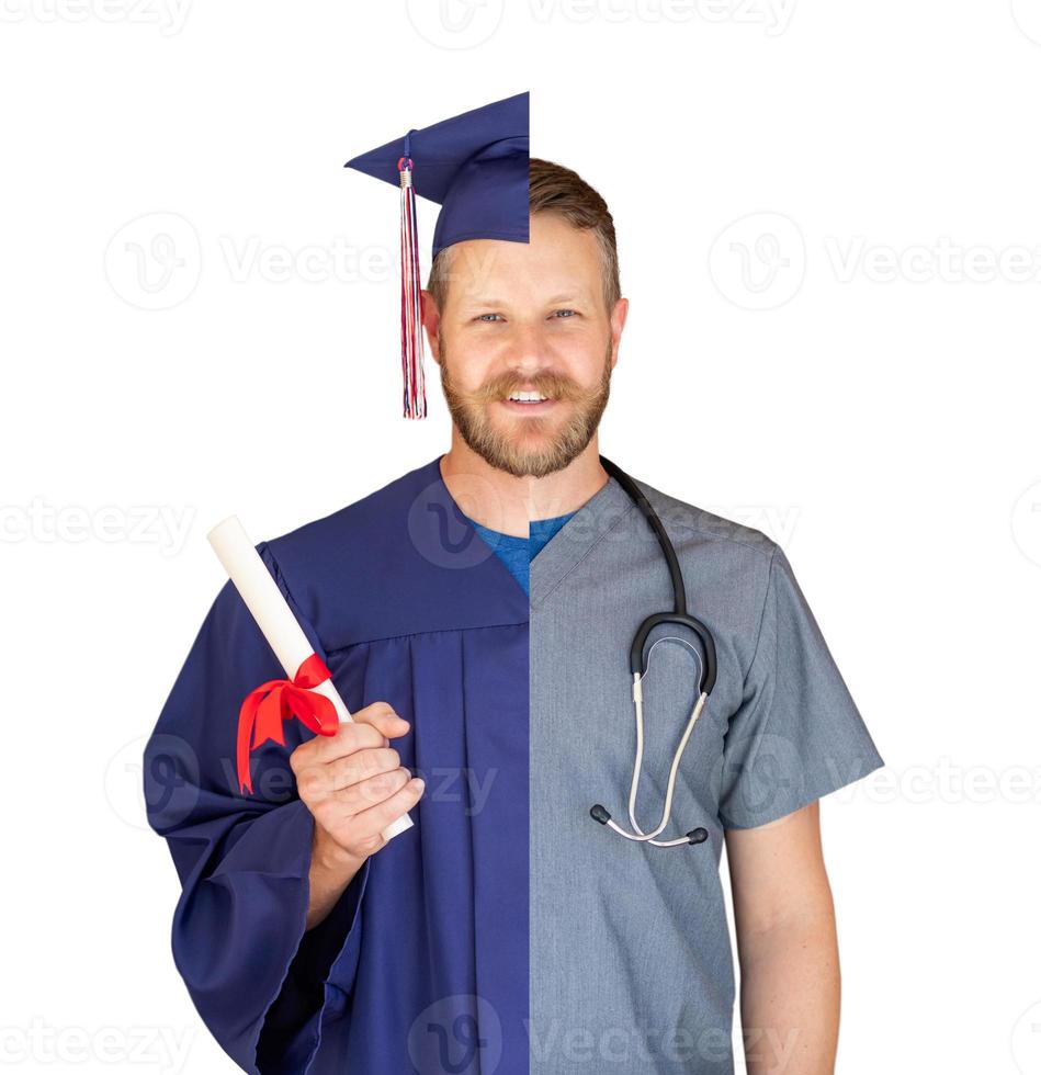 pantalla dividida de hombre caucásico como graduado y enfermero aislado en blanco foto