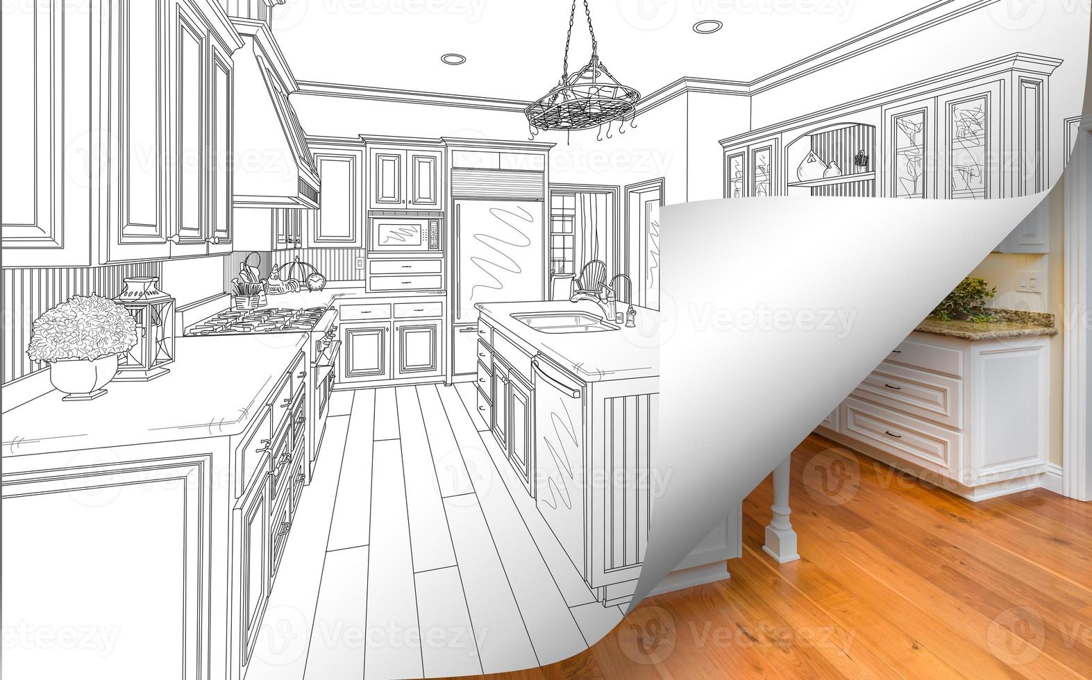 Kitchen Drawing Page Corner Flipping with Photo Behind