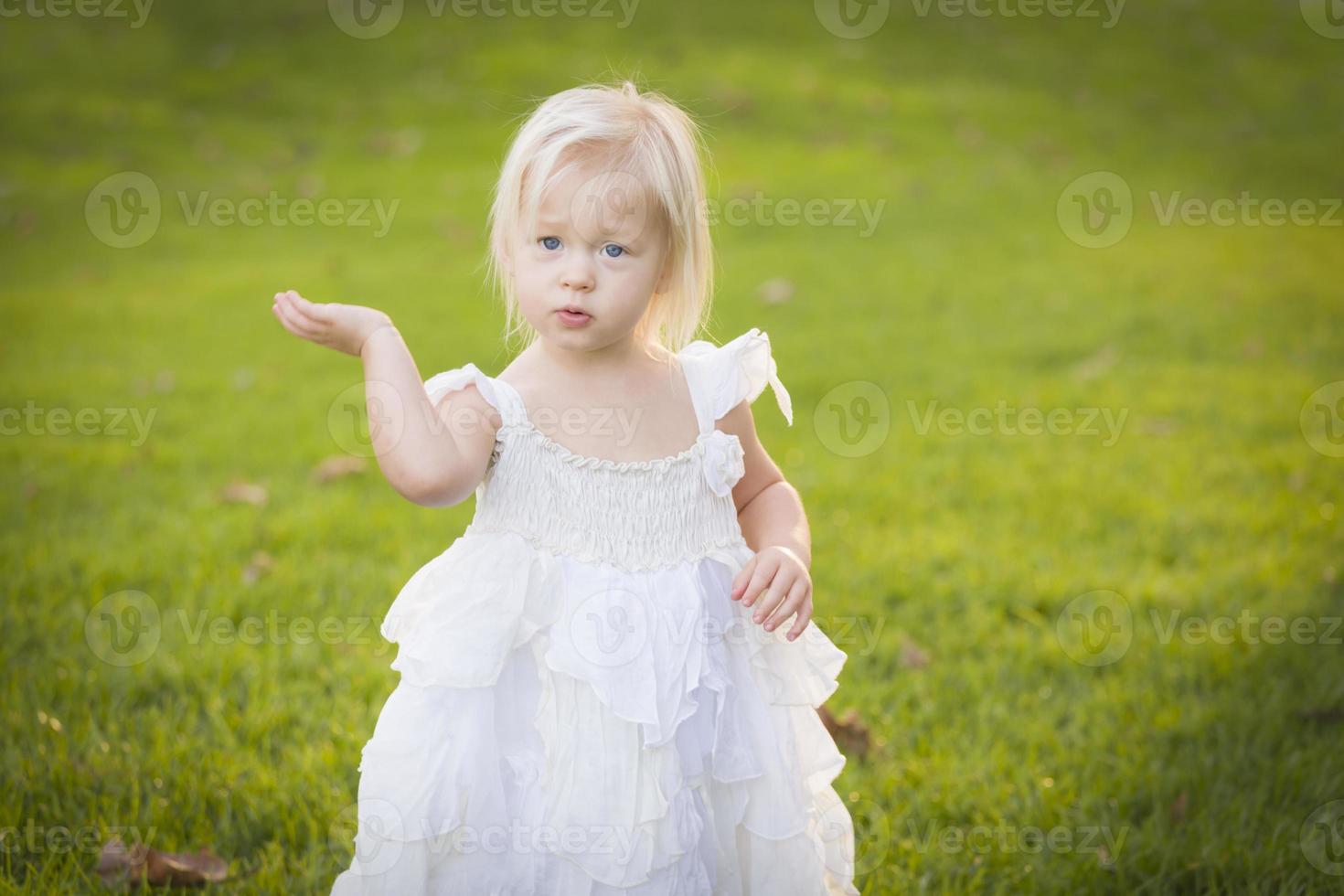 Adorable Little Girl Wearing White Dress In A Grass Field photo