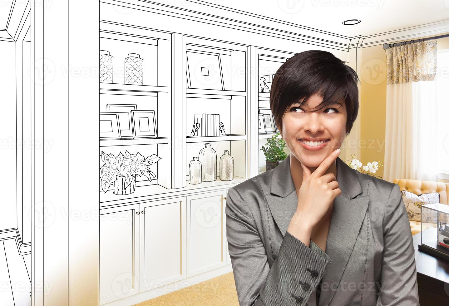 Young Woman Over Custom Built-in Shelves and Cabinets Design Drawing Gradating to Finished Photo