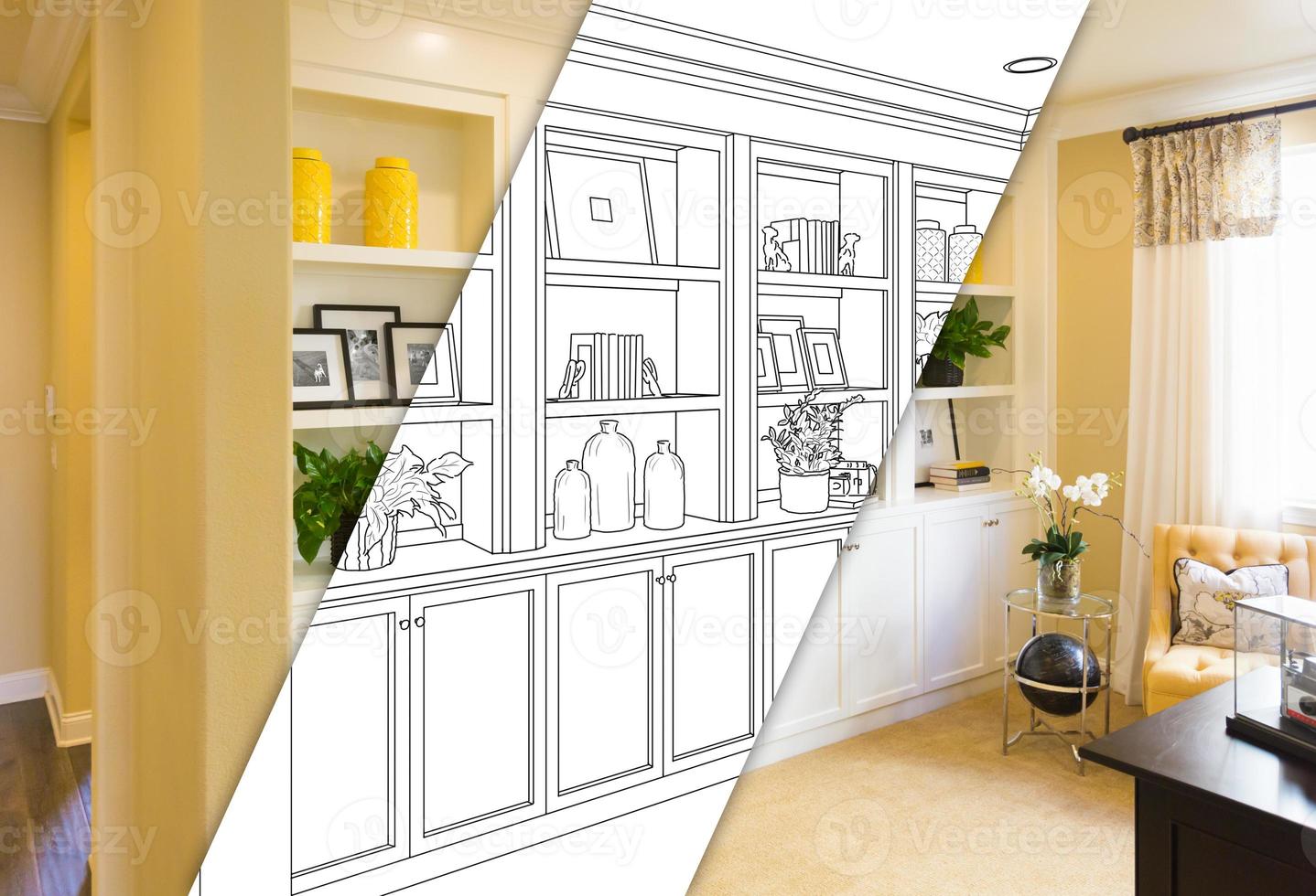 Custom Built-in Shelves and Cabinets Design Drawing with Cross Section of Finished Photo