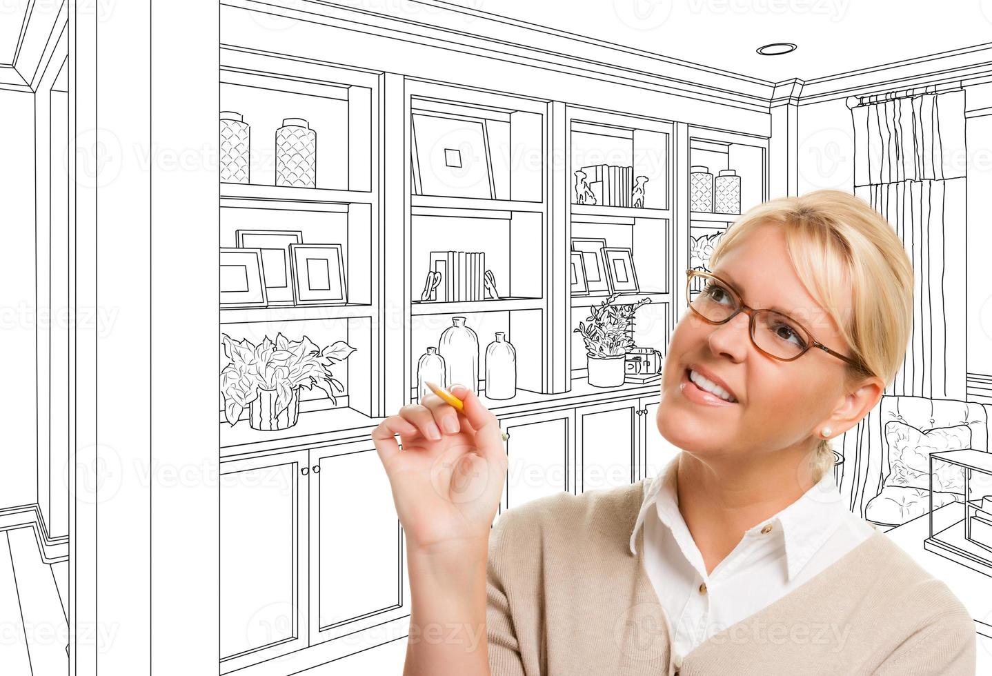 Young Woman Over Custom Built-in Shelves and Cabinets Design Drawing photo