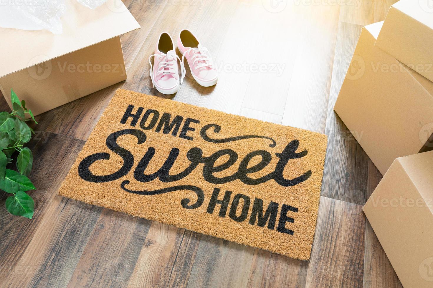Home Sweet Home Welcome Mat, Moving Boxes, Pink Shoes and Plant on Hard Wood Floors photo