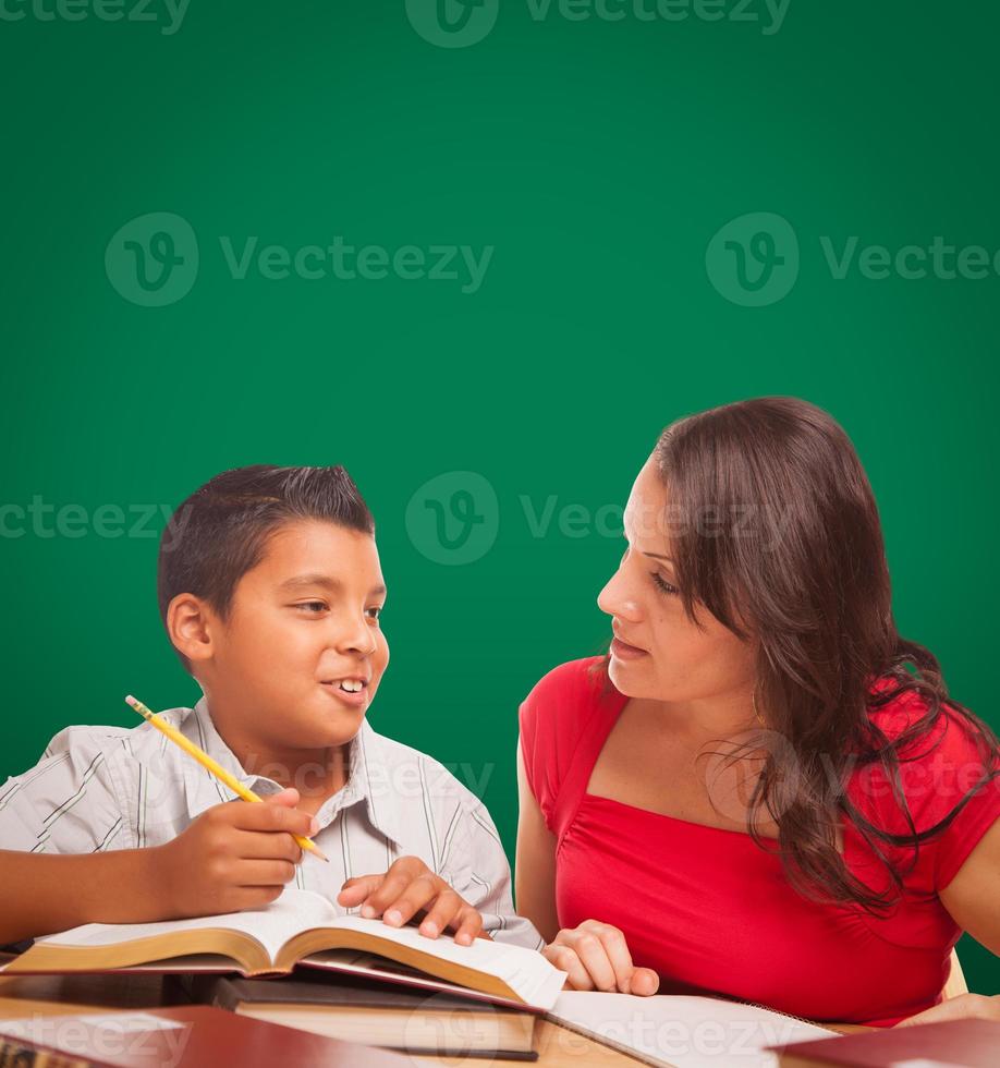 Blank Chalk Board Behind Hispanic Young Boy and Famale Adult Studying photo