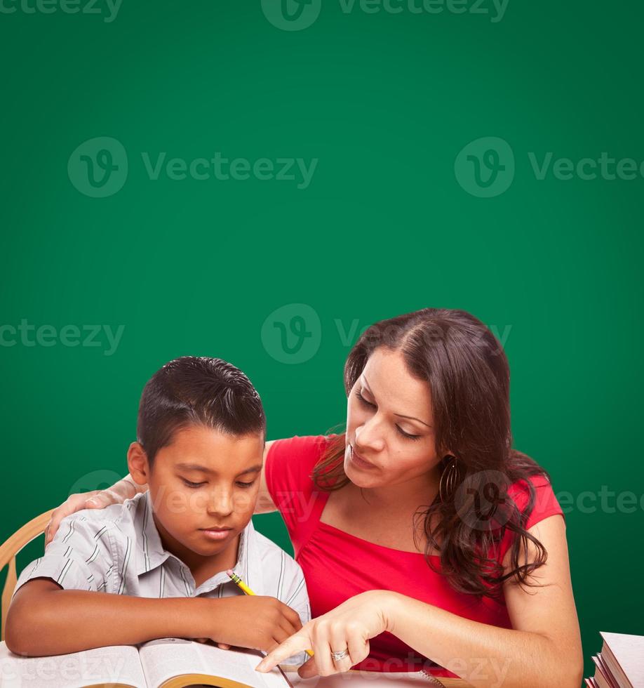 Blank Chalk Board Behind Hispanic Young Boy and Famale Adult Studying photo