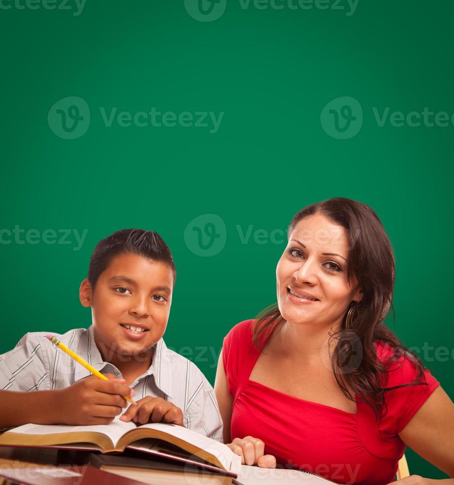 Blank Chalk Board Behind Hispanic Young Boy and Famale Adult Studying photo