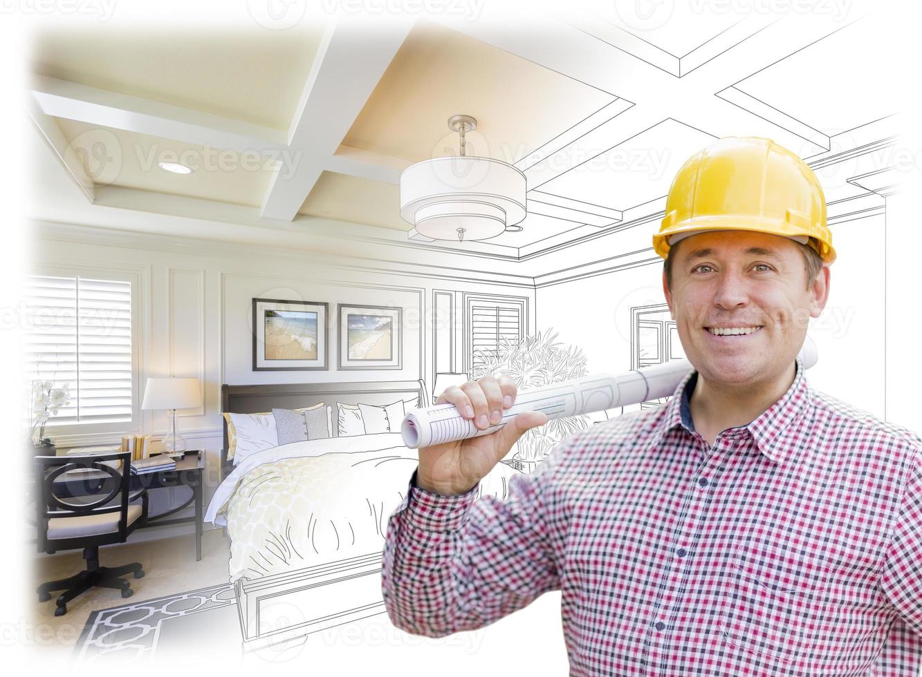 Contractor in Hard Hat Over Custom Bedroom Drawing and Photo