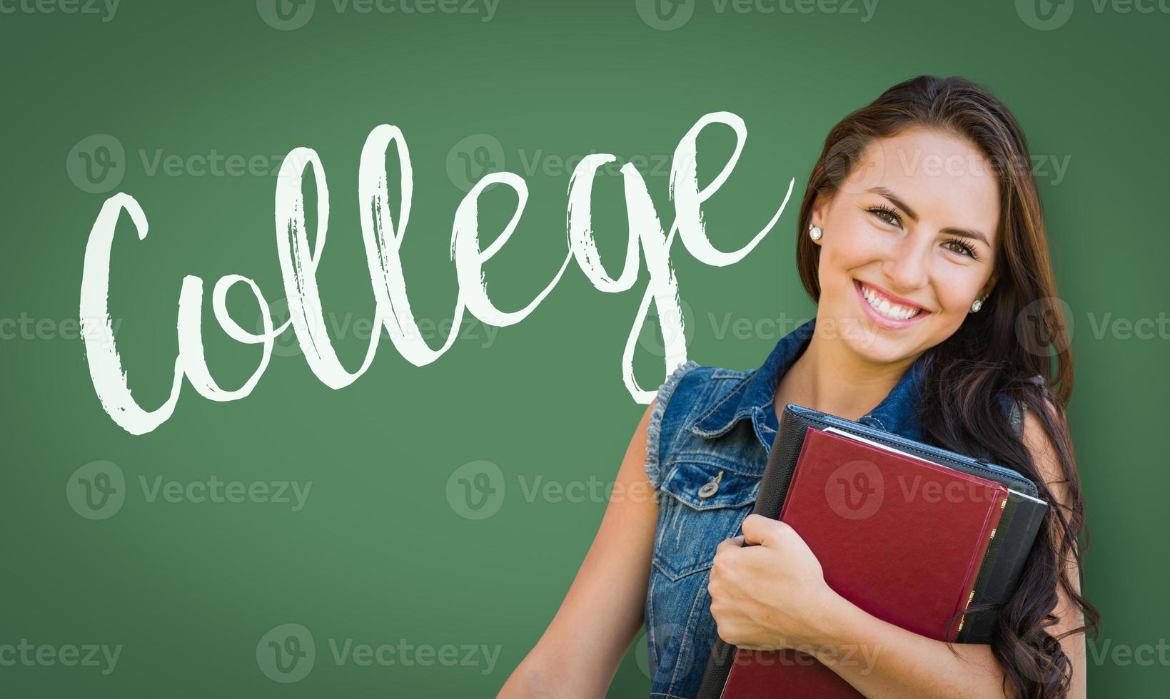 College Written On Chalk Board Behind Mixed Race Young Girl Student Holding Books photo