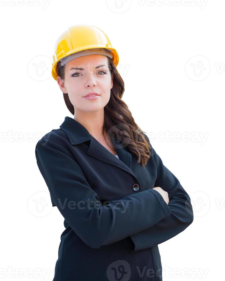 Female Contractor In Hard Hat Isolated On White photo