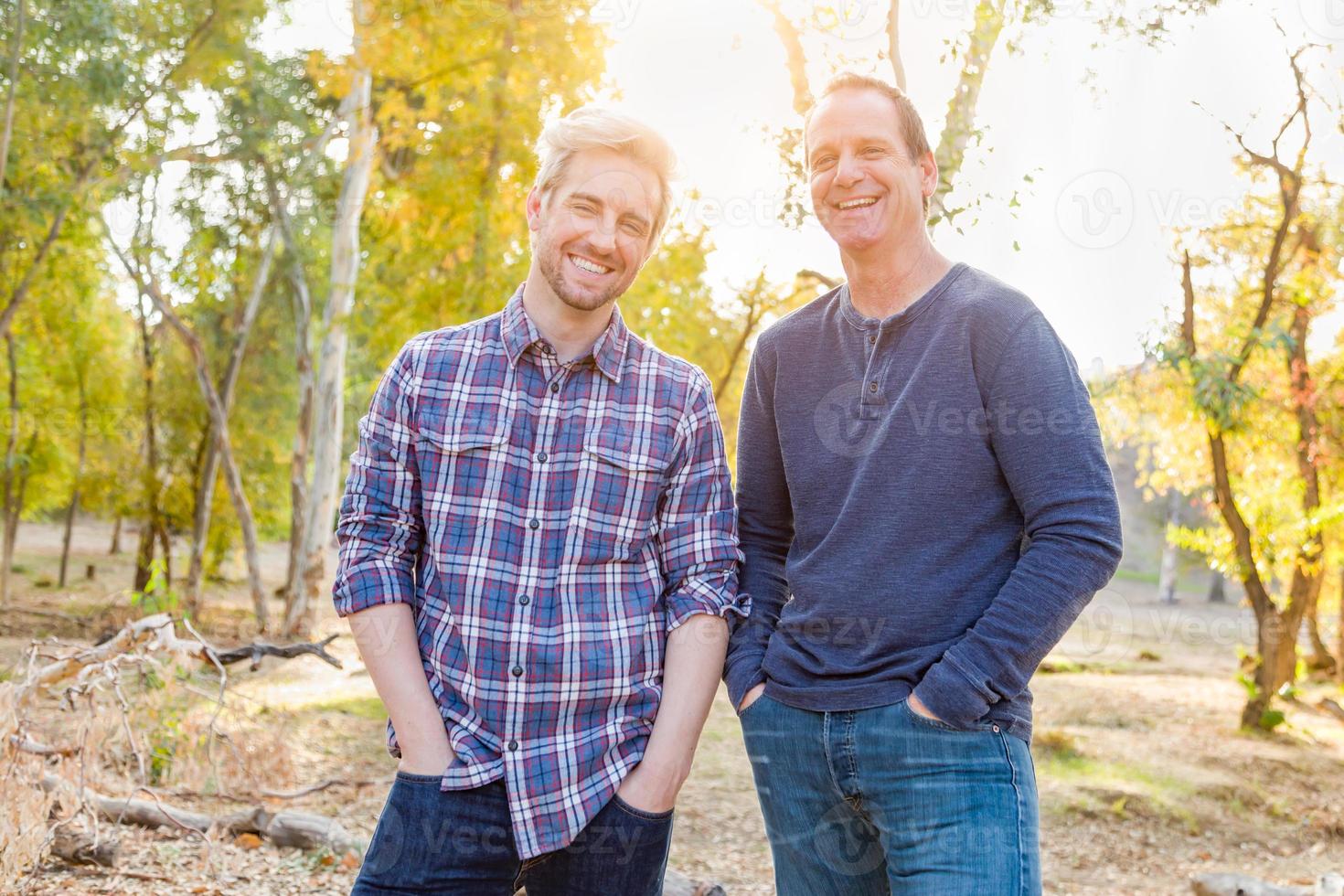 Happy Caucasian Father and Son Portrait Outdoors photo