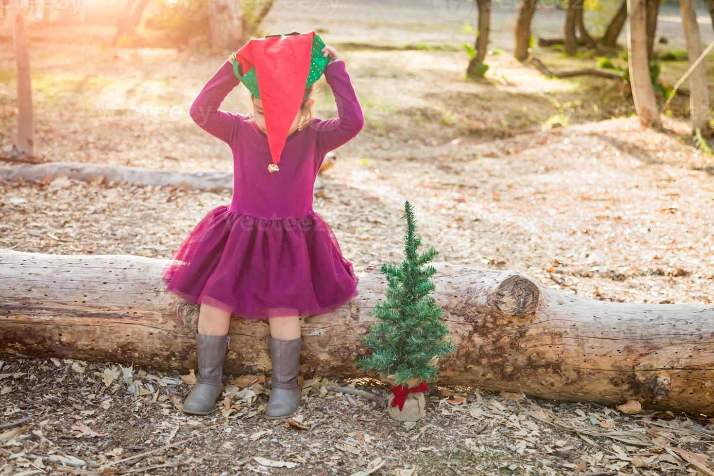 Cute Mixed Race Young Baby Girl Having Fun With Christmas Hat and Tree Outdoors photo