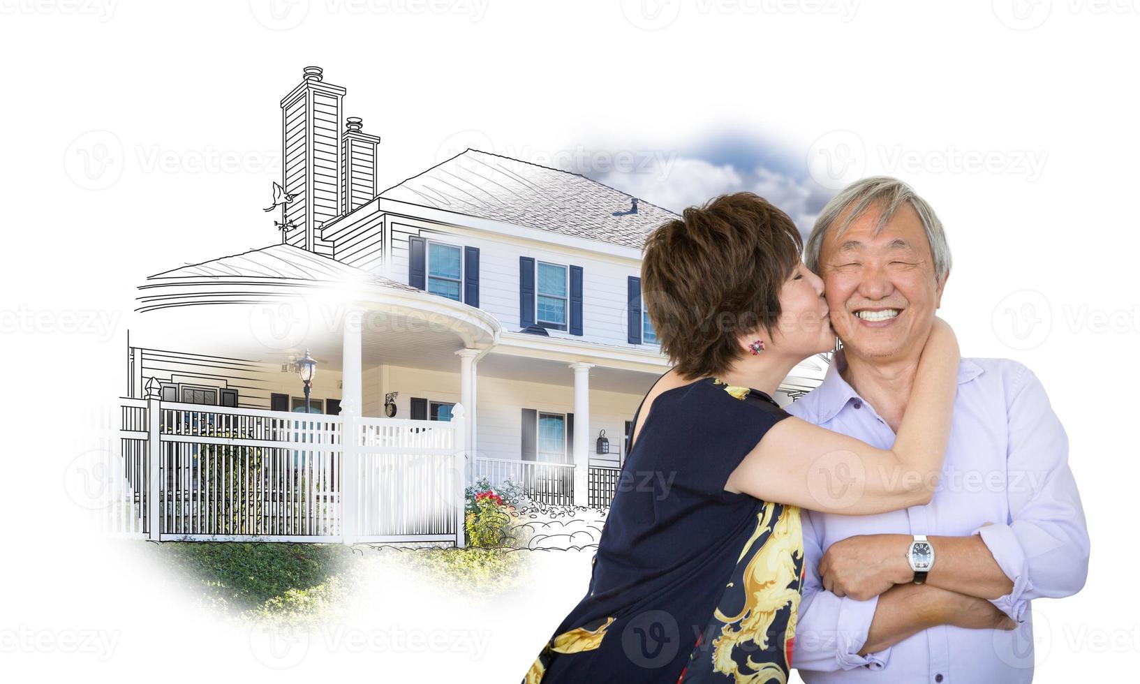 Happy Chinese Senior Couple Kissing In Front of House Drawing on White. photo