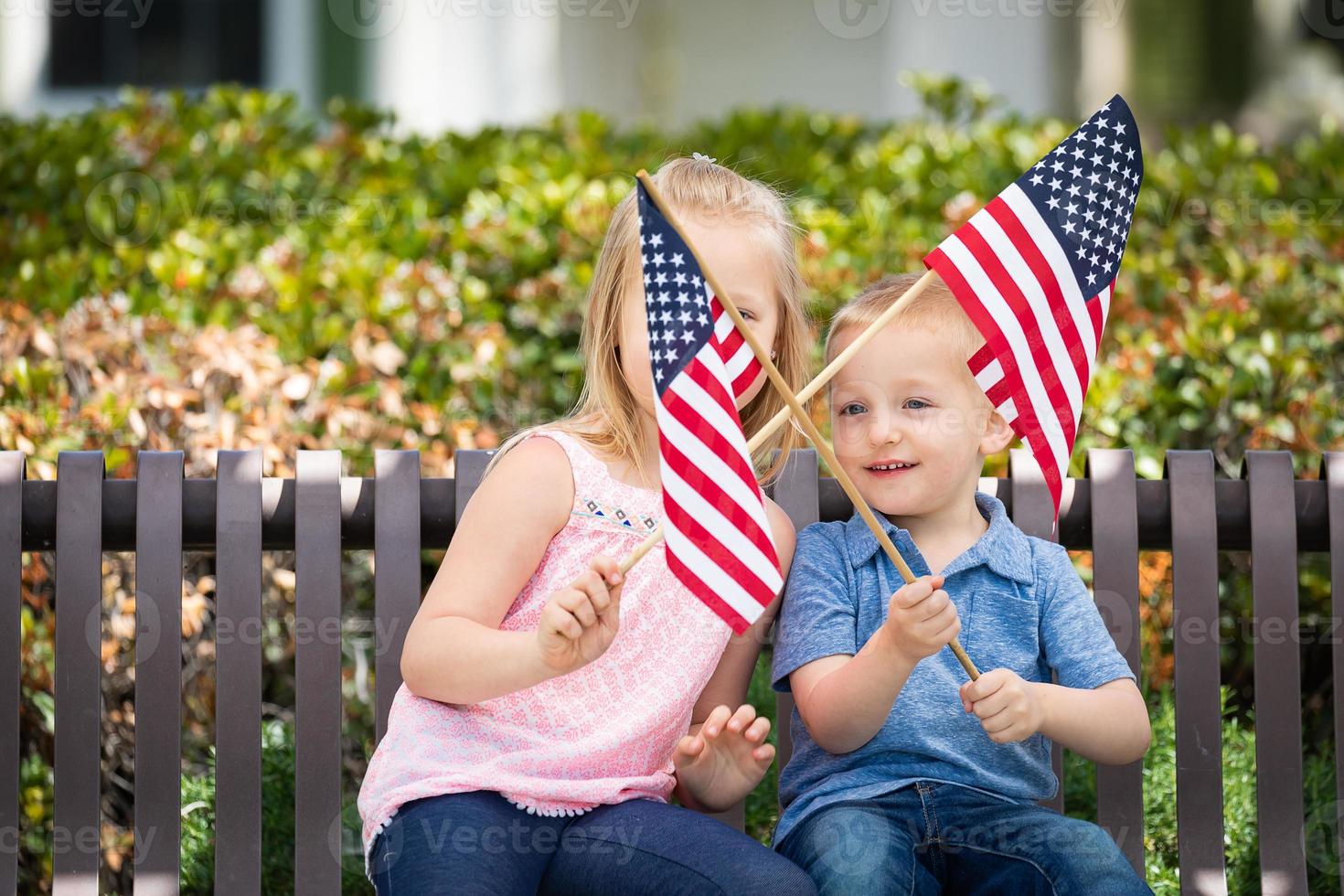 Young Sister and Brother Waving American Flags On The Bench At The Park photo