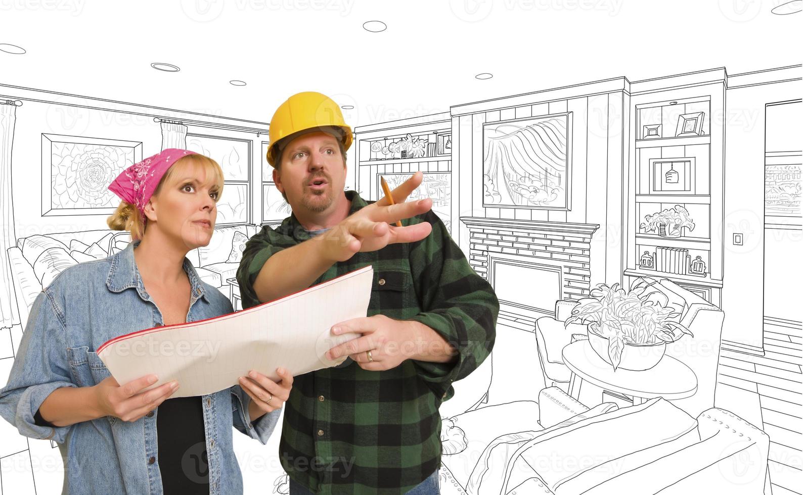 Contractor Talking Plans With Woman Over Custom Living Room Drawing photo