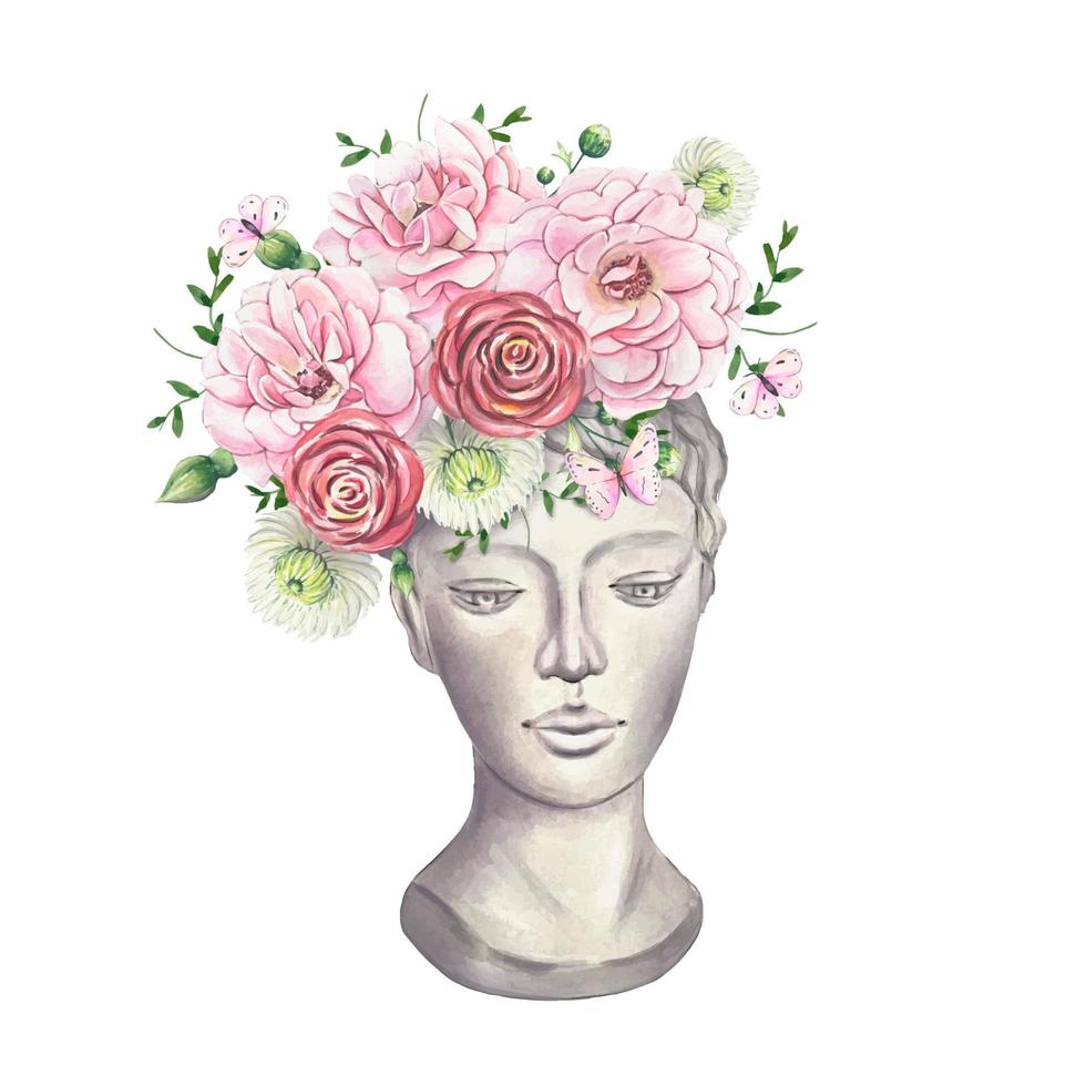 Floral vintage bouquet with pink roses, a bouquet in a plaster head. Watercolor vector