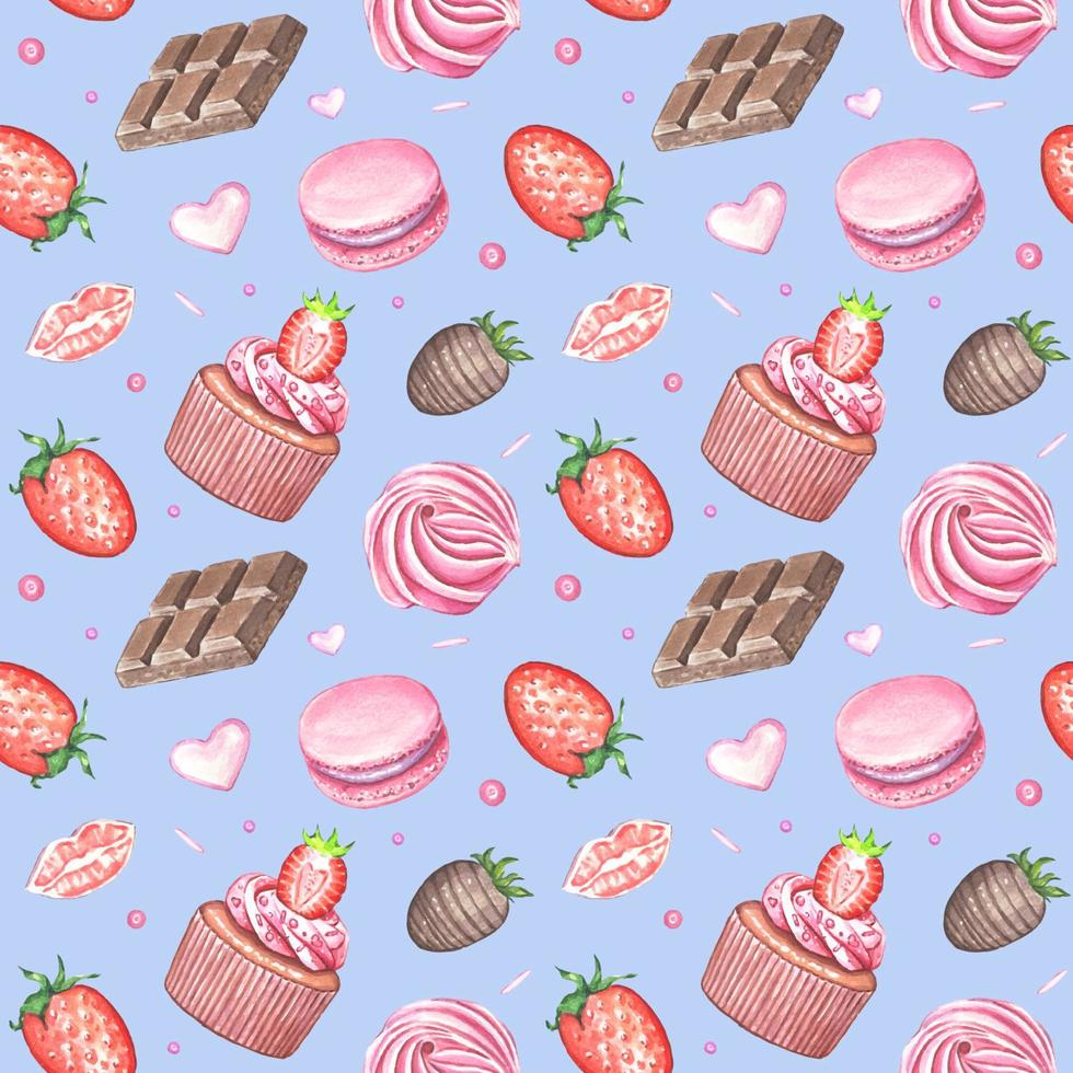 Watercolor seamless pattern with sweets. Chocolate, cake, marshmallows, strawberries, cookies. vector