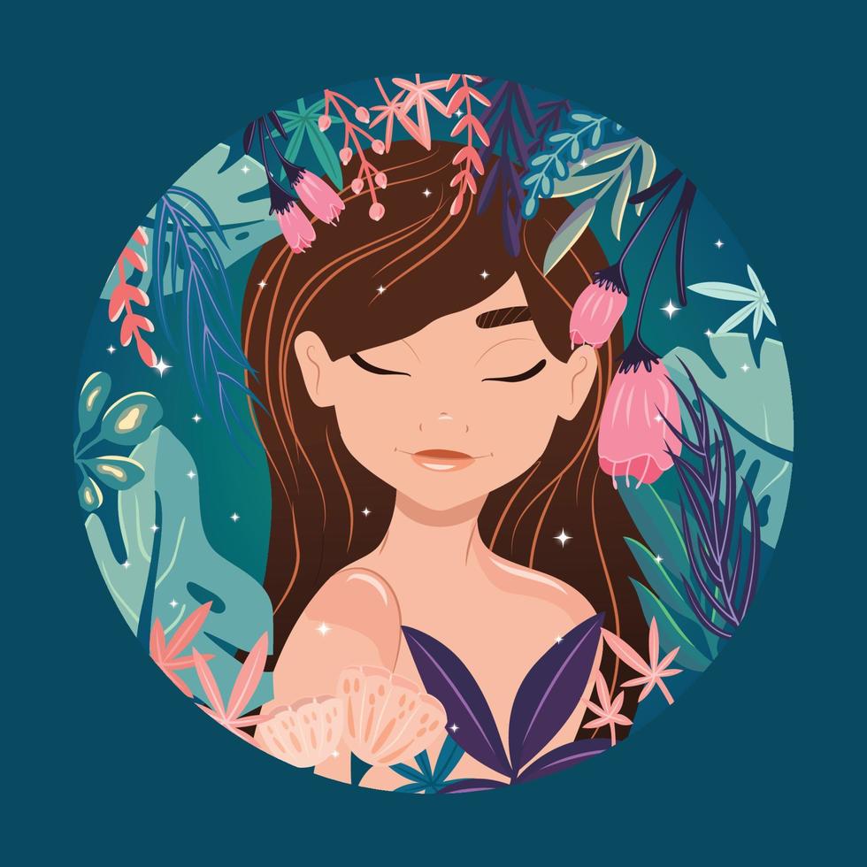 hermosa chica de cabello castaño con los ojos cerrados, rodeada de plantas exóticas, en su propia burbuja. ilustración colorida vector. vector