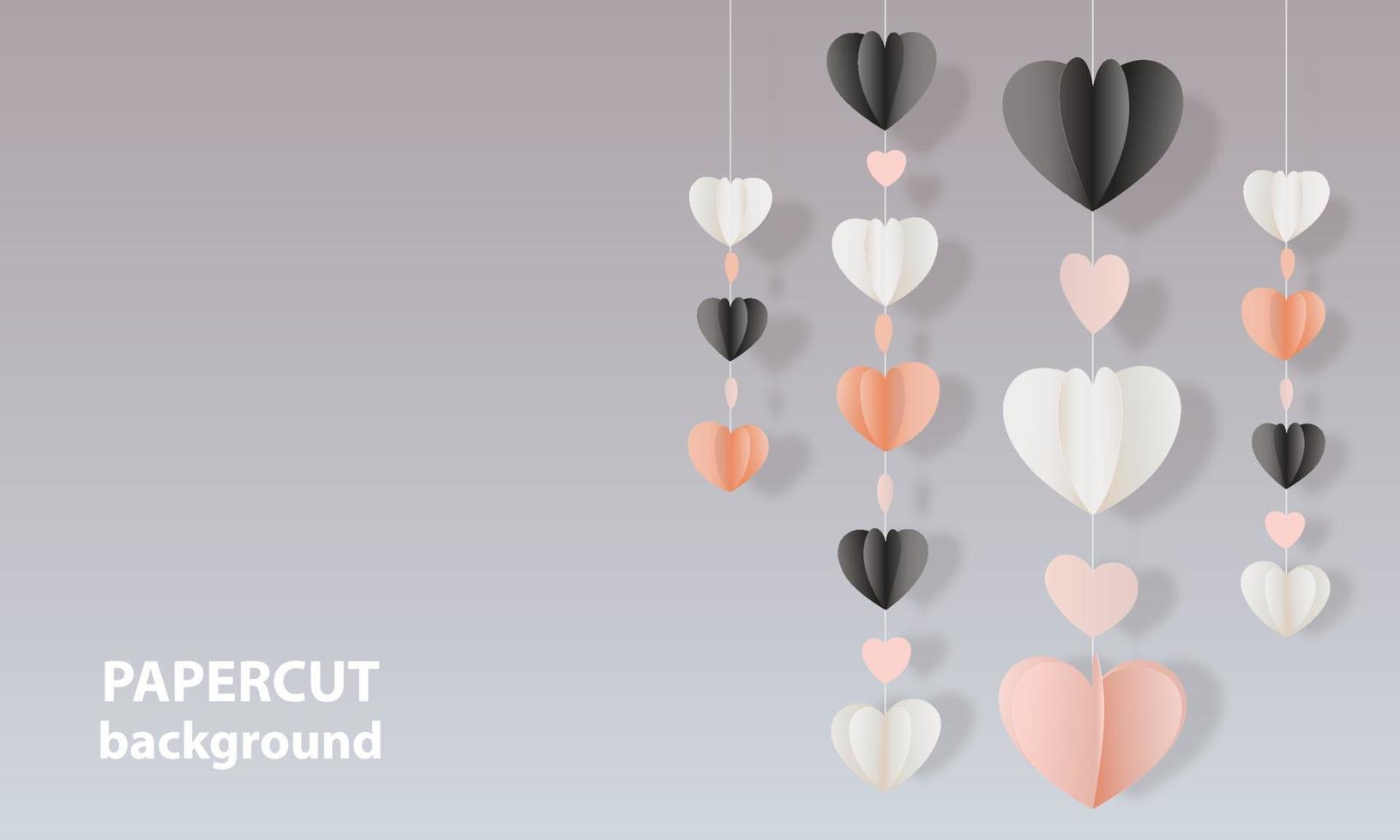 Vector background with pink, black and white color paper cut shape hearts. 3D abstract paper art style, design layout for business presentations, flyers, posters, decoration, cards, brochure cover.