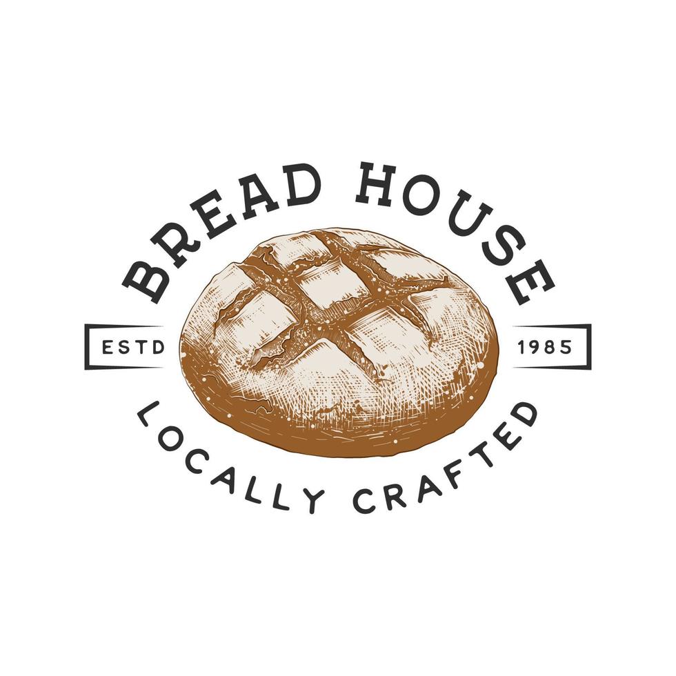 Vintage style bakery shop label, badge, emblem, logo. Monochrome vector graphic art with engraved design element of bread. Hand drawn graphic on white background.