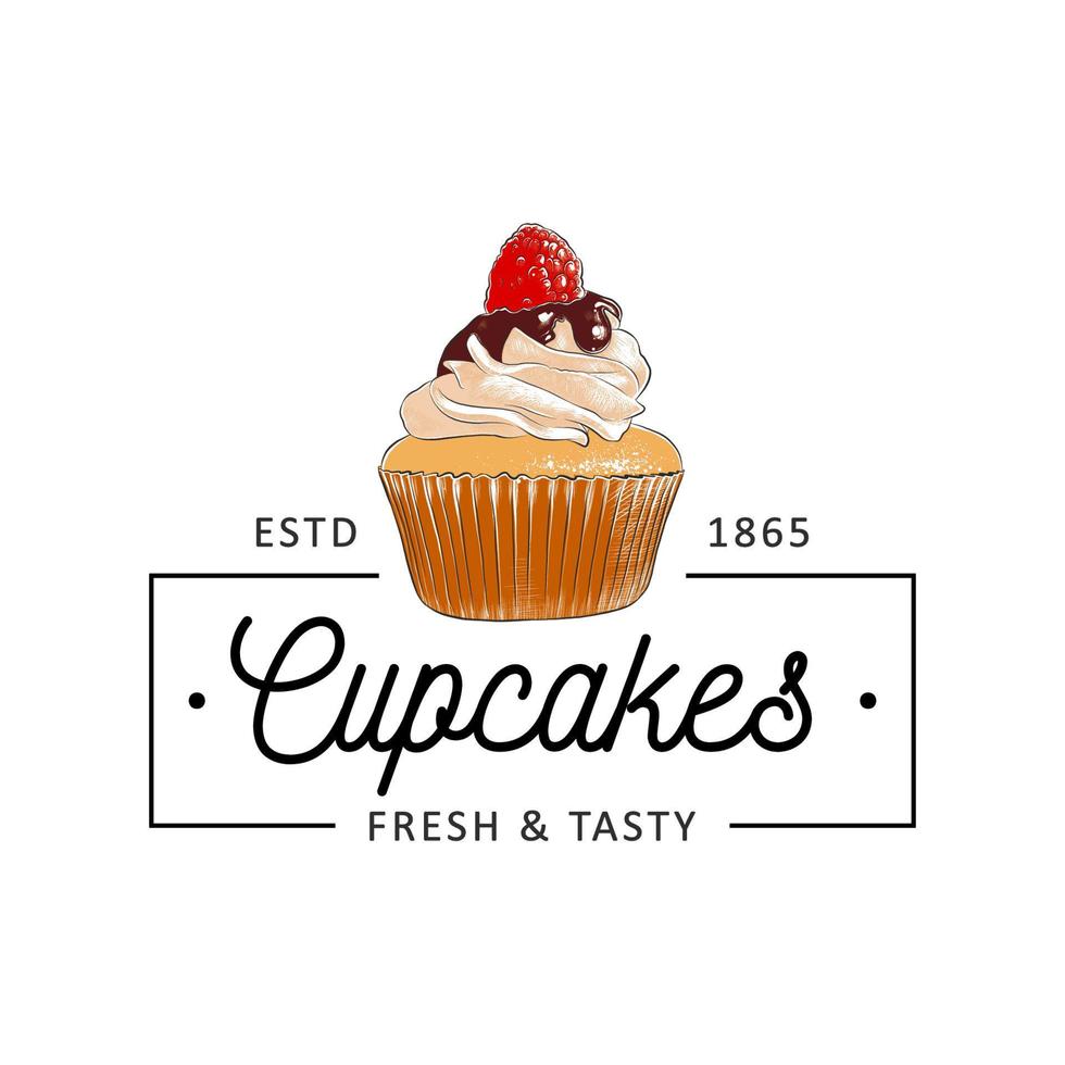 Vintage style bakery shop simple label, badge, emblem, logo template. Graphic food art with engraved cupcake design vector element with typography. Hand drawn pastry on white background.