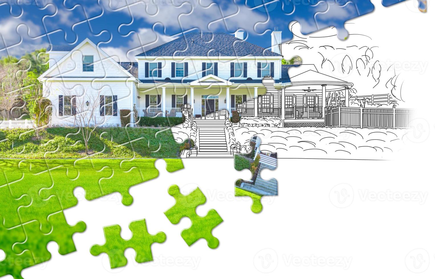 Puzzle Pieces Fitting Together Revealing Finished House Build Over Drawing photo