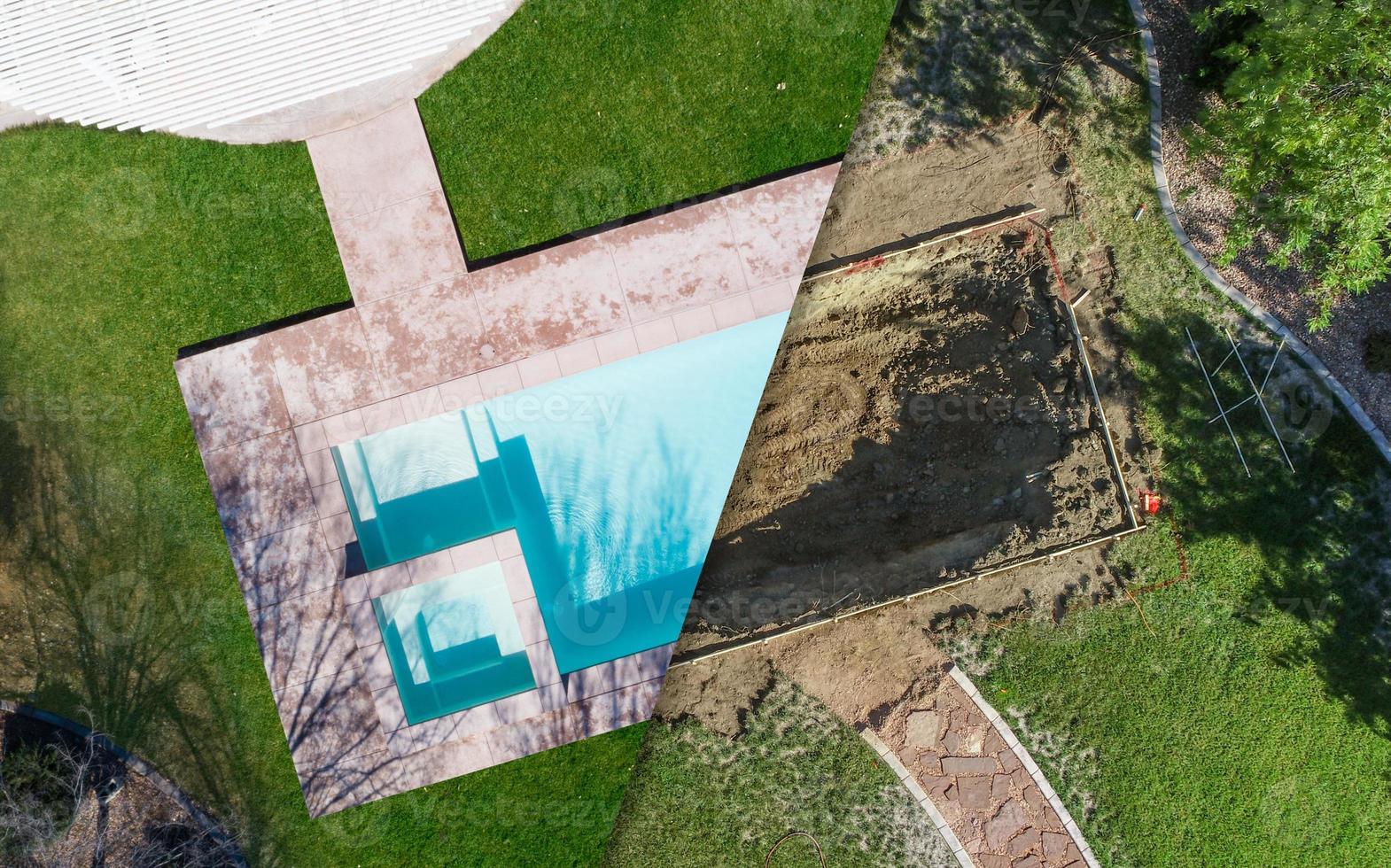 Aerial of Before and After Pool Build Construction Site photo