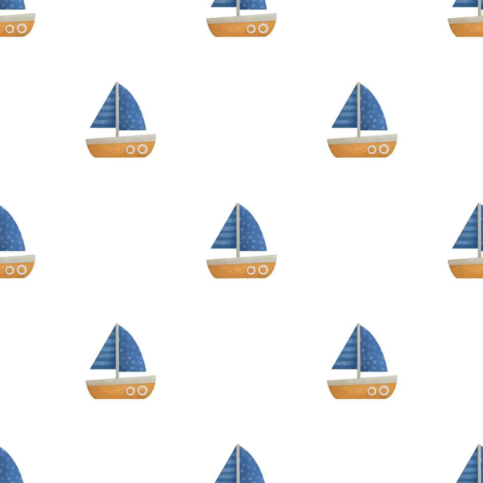 Hand-drawn children's watercolor seamless ship pattern vector