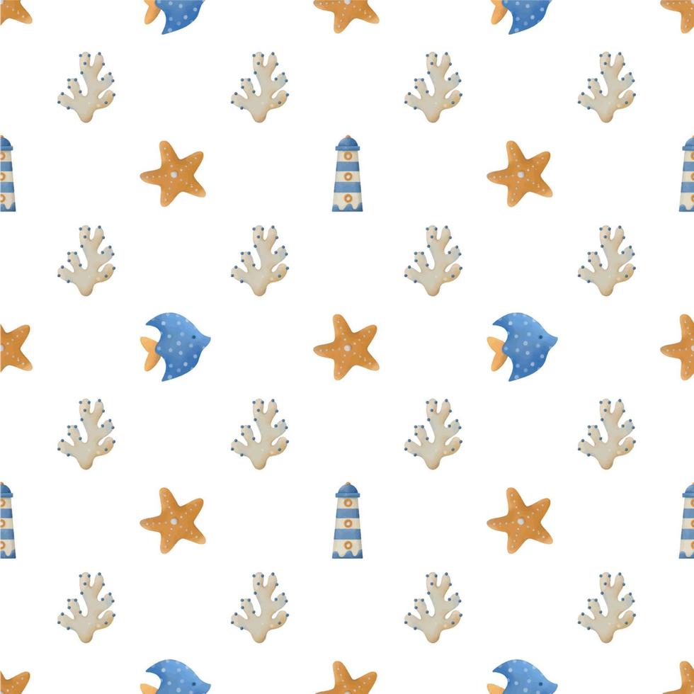 Hand-drawn children's watercolor seamless nautical element pattern vector