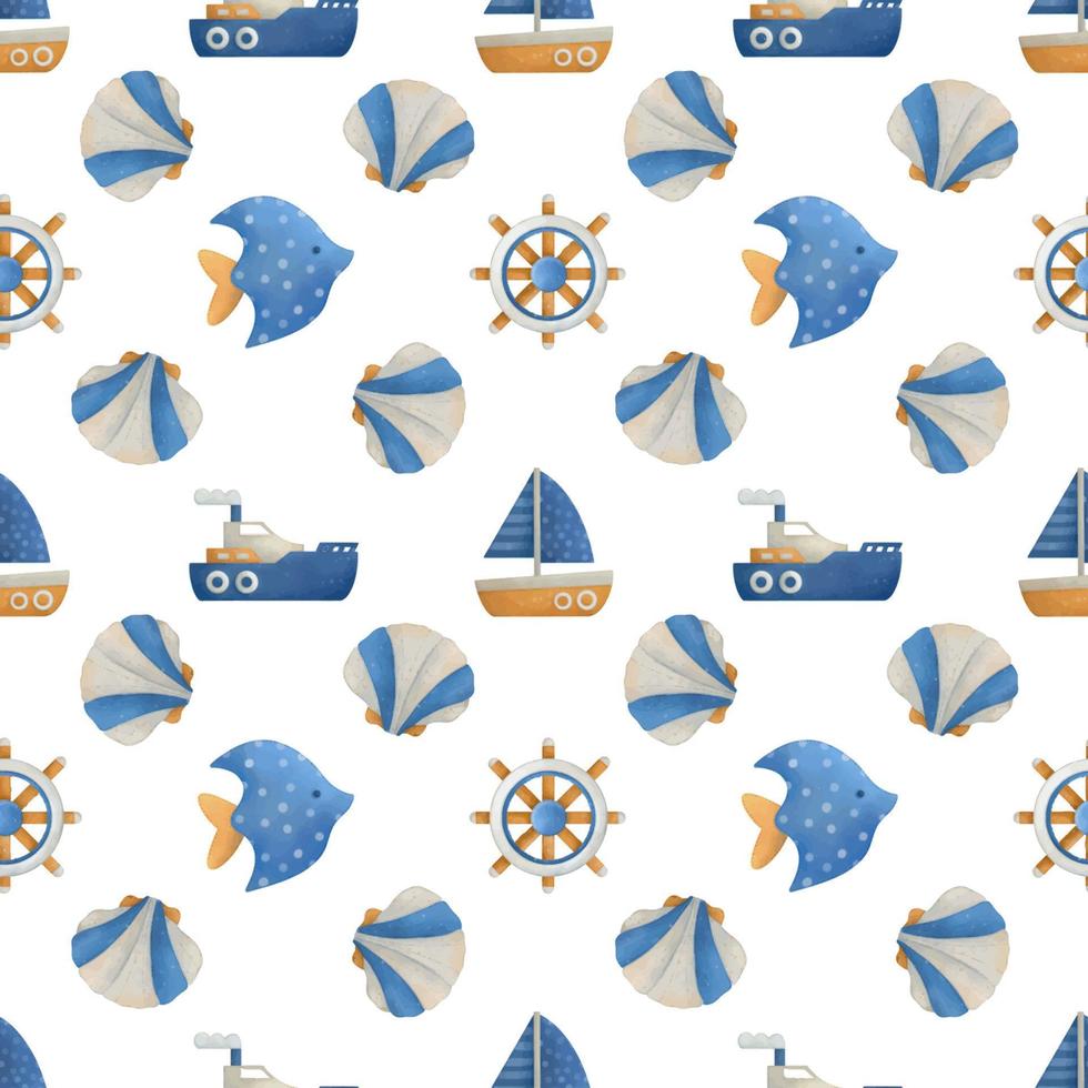 Hand-drawn children's watercolor seamless nautical element pattern vector