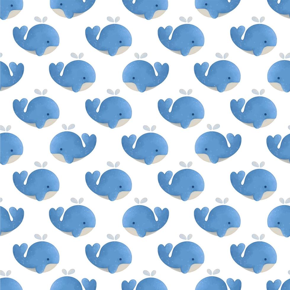 Hand-drawn children's watercolor seamless whale pattern vector