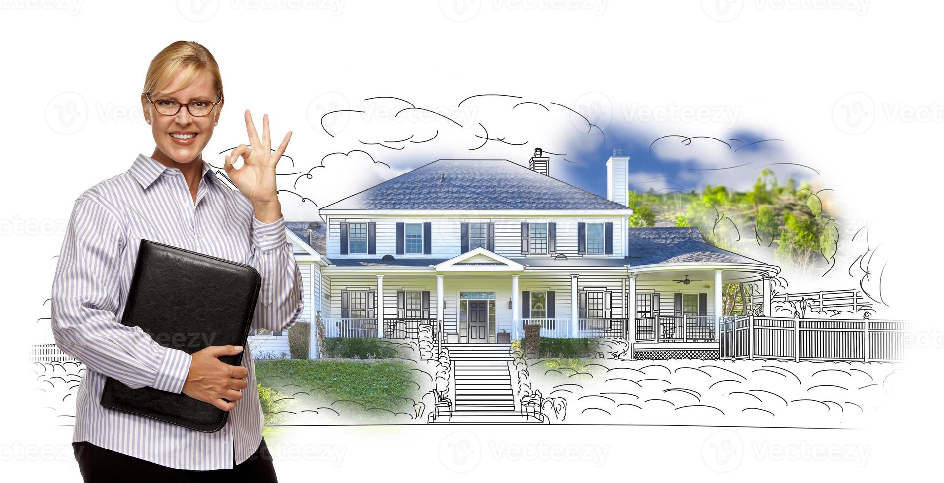 Woman with Okay Sign Over House Drawing and Photo