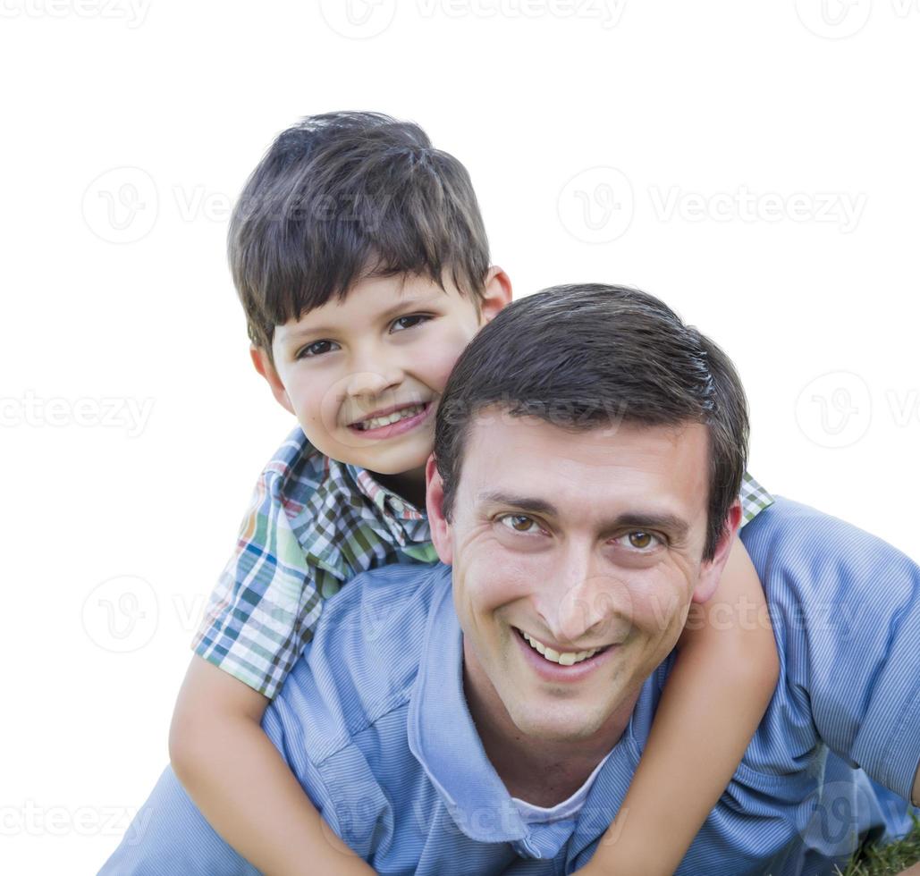 Happy Father and Son Piggyback Isolated on White photo