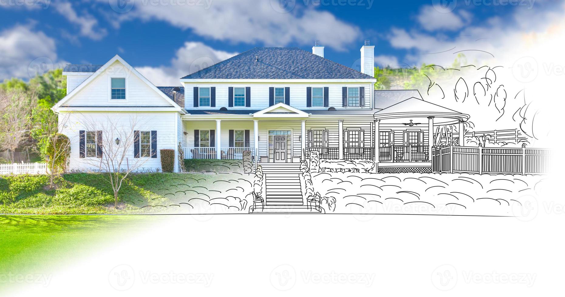 House Blueprint Drawing Gradating Into Completed Building Photograph. photo