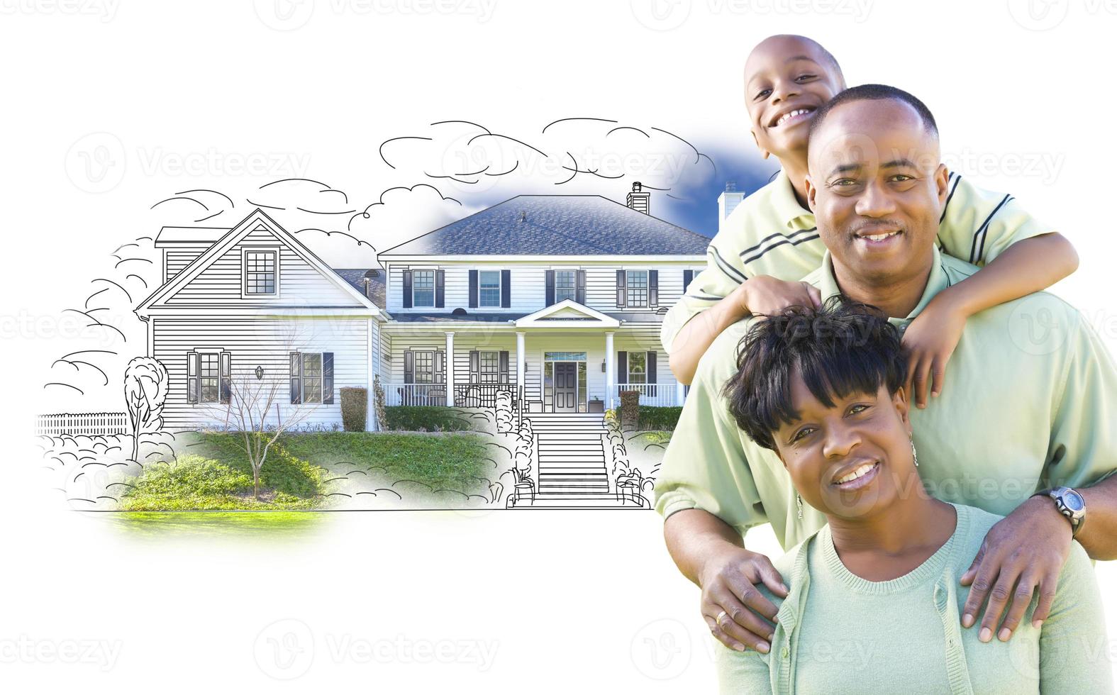 African American Family Over House Drawing and Photo on White