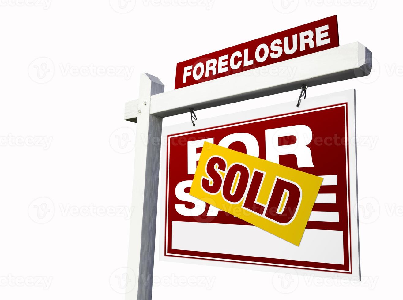 Red Sold Foreclosure Real Estate Sign on White photo